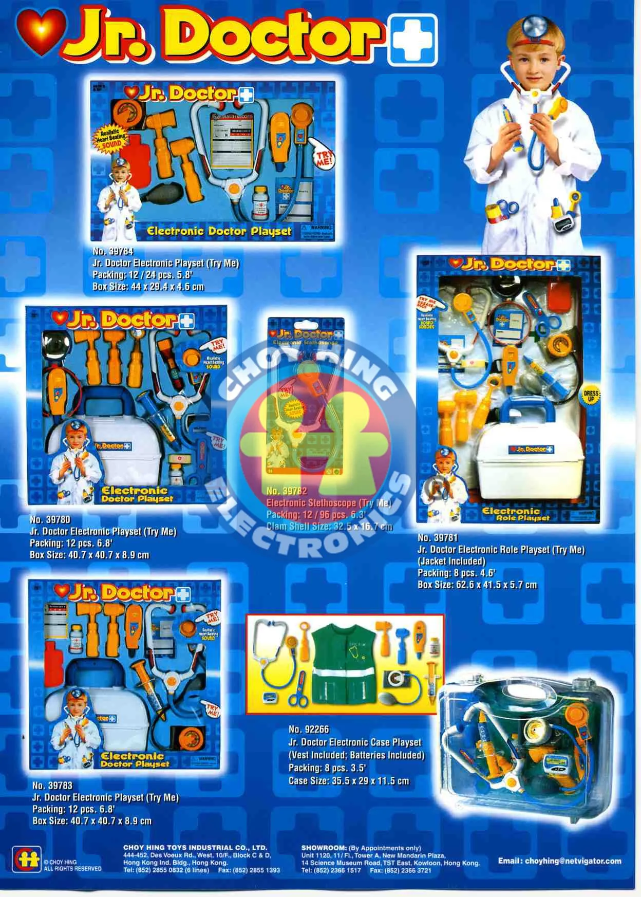 Display of Jr. Doctor electronic playsets including medical tools and accessories, with images of a young boy dressed as a doctor and a green doctor vest, all set against a blue background with medical-themed graphics.
