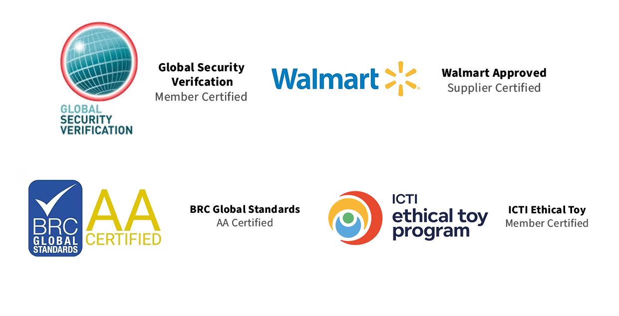Collection of certification logos including Global Security Verification, Walmart Approved, BRC Global Standards, and ICT Ethical Toy Program.