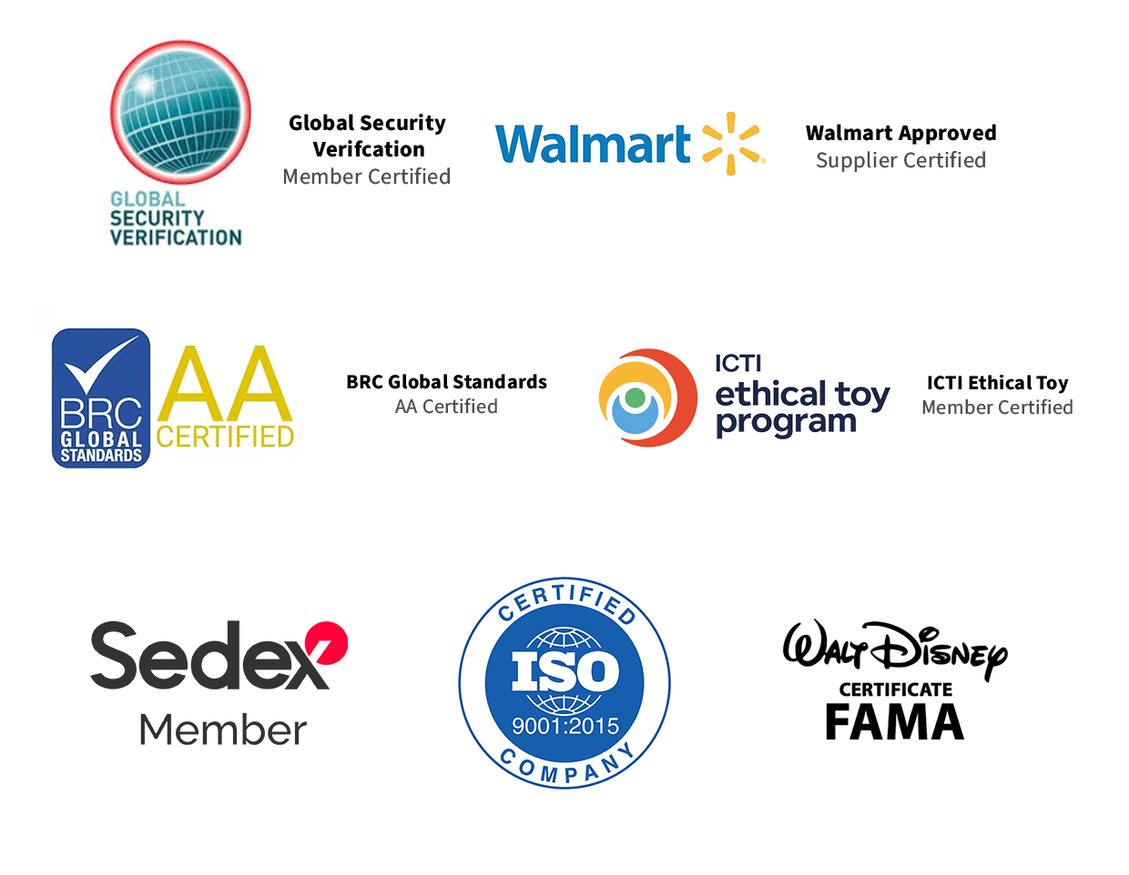 Collection of various certification logos including Global Security Verification, Walmart Approved, BRC Global Standards, ICT Ethical Toy Program, Sedex Member, ISO 9001:2015 Certified, and Walt Disney FAMA Certificate.