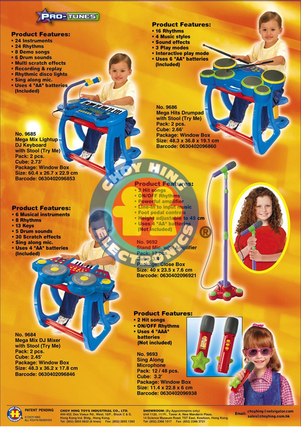Advertisement showcasing children's musical toys including a mega hits drumpad with stool, a mega mix lightup DJ keyboard with stool, a stand microphone with amplifier, and a sing along microphone. Features and specifications are listed for each item, with detailed product features, dimensions, and packaging information. Young children are shown playing and enjoying these musical toys.