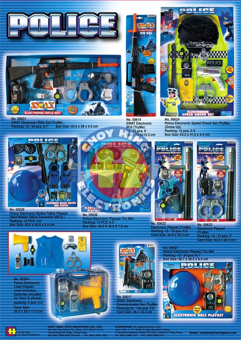 Assorted toy police playsets including electronic rifles, speed check, walkie talkies, playsets, case, and communicator sets.