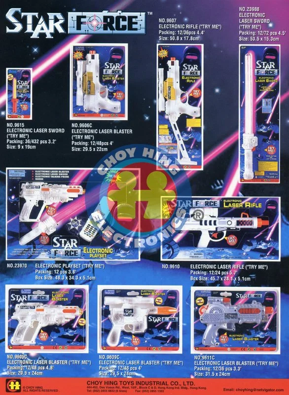 A display of various Star Force electronic toy weapons including laser swords, laser blasters, and laser rifles.