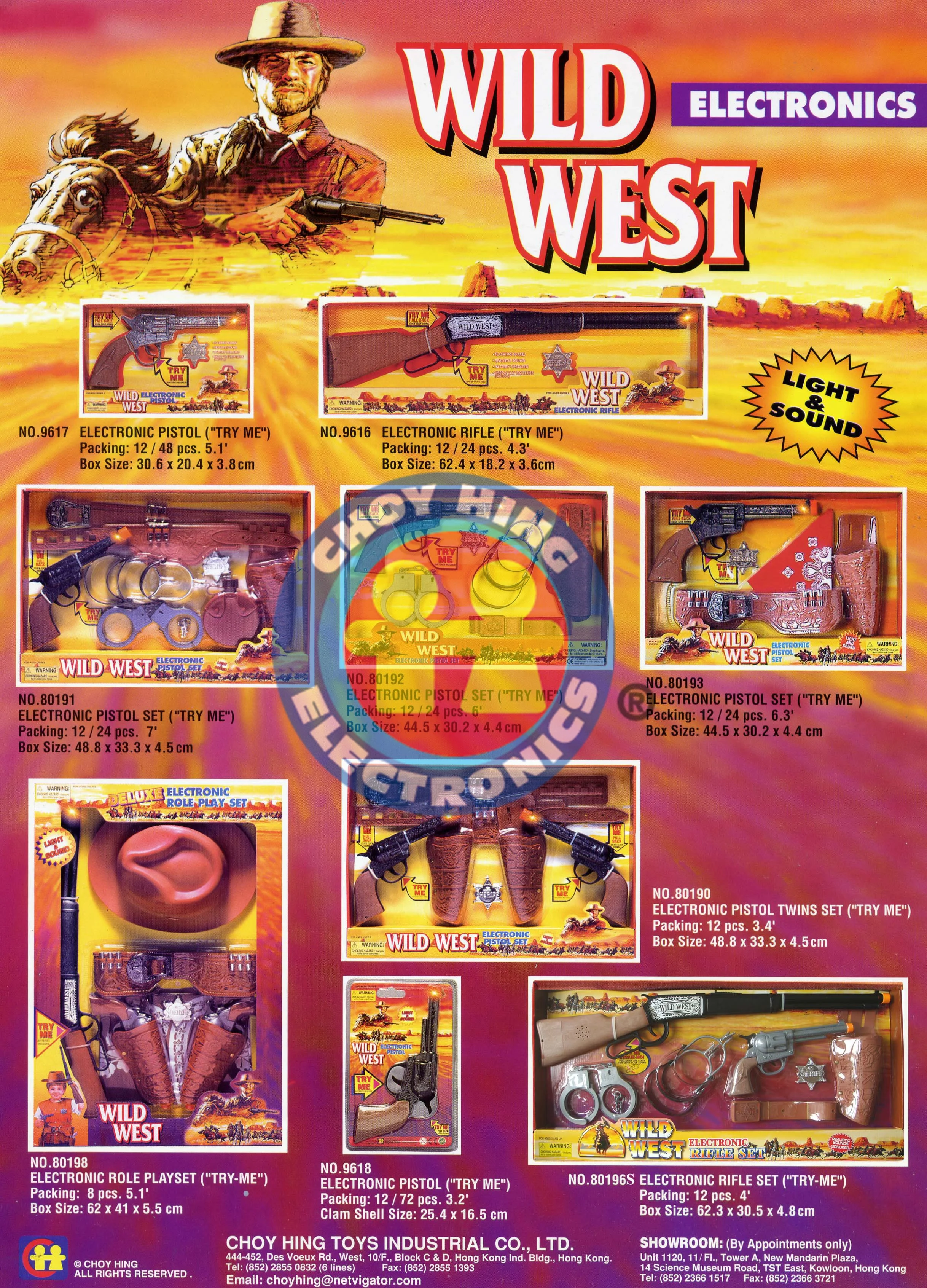 A colorful advertisement for Wild West Electronic toy sets and weapons, featuring illustrated characters, toy guns, and packaging details.
