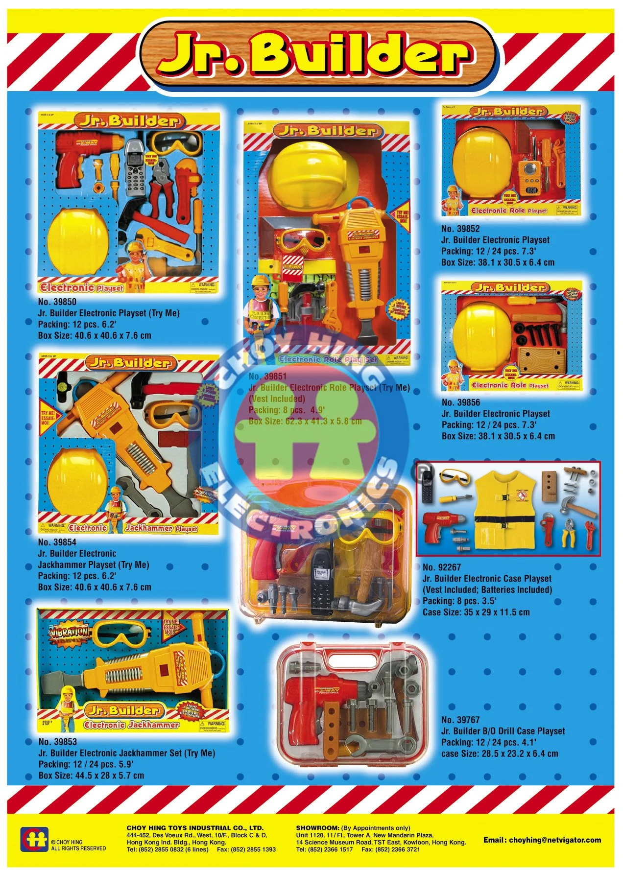 Display of various children's toy toolsets, including drills, hammers, and accessories, in colorful packaging labeled 'Jr. Builder.'