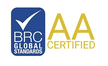 BRC Global Standards logo with yellow 'AA' and 'certified' text.