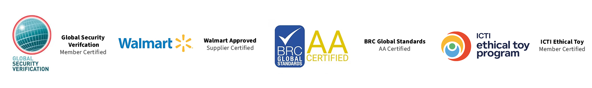 Logos and certifications including Global Security Verification, Walmart, BRC Global Standards, AA Certified, Ethical Toy Program, and ICTI Ethical Toy Program.