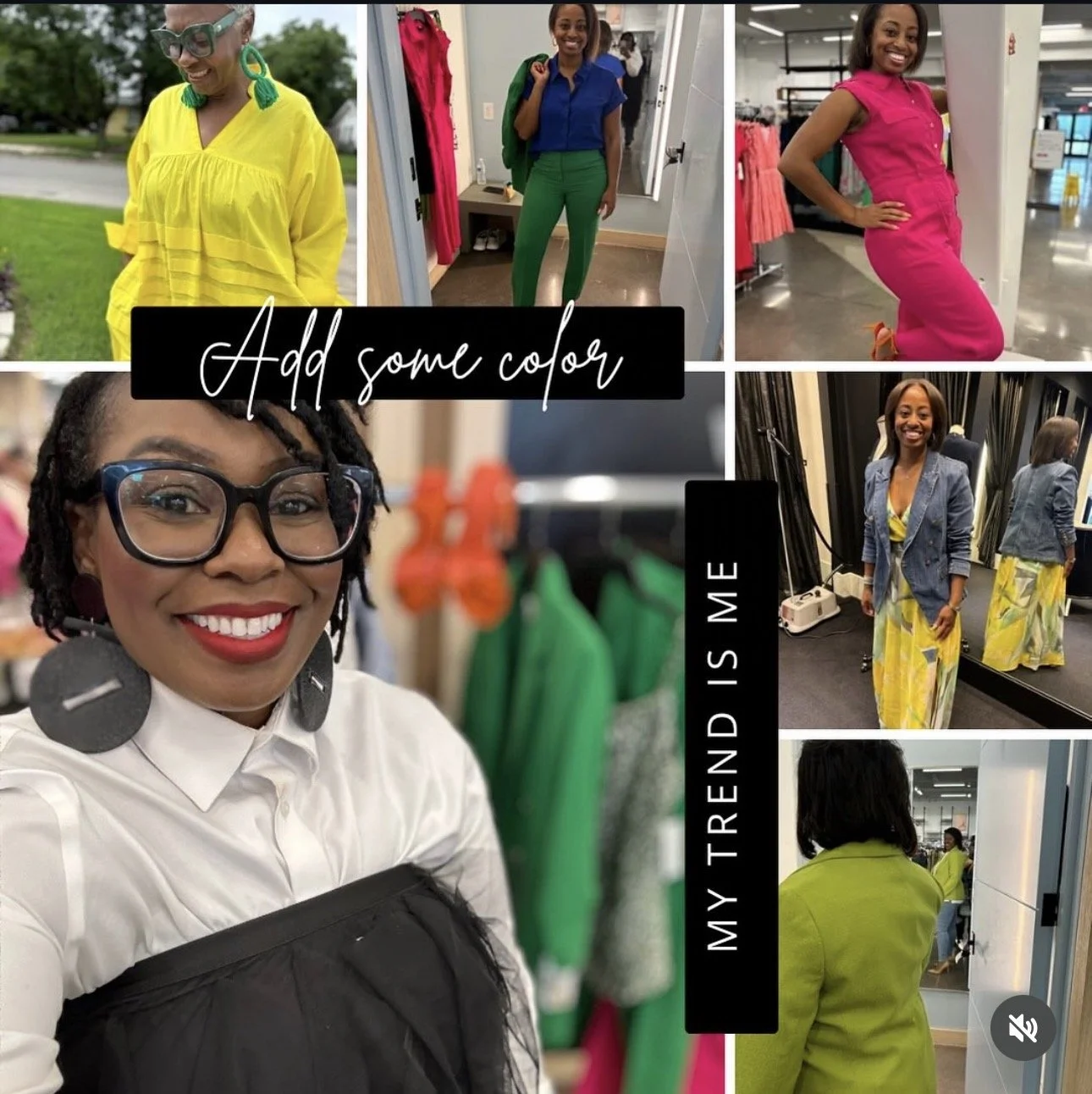 Collage of women smiling and posing in colorful outfits, with text overlay saying 'Add some color' and 'My trend is me.'