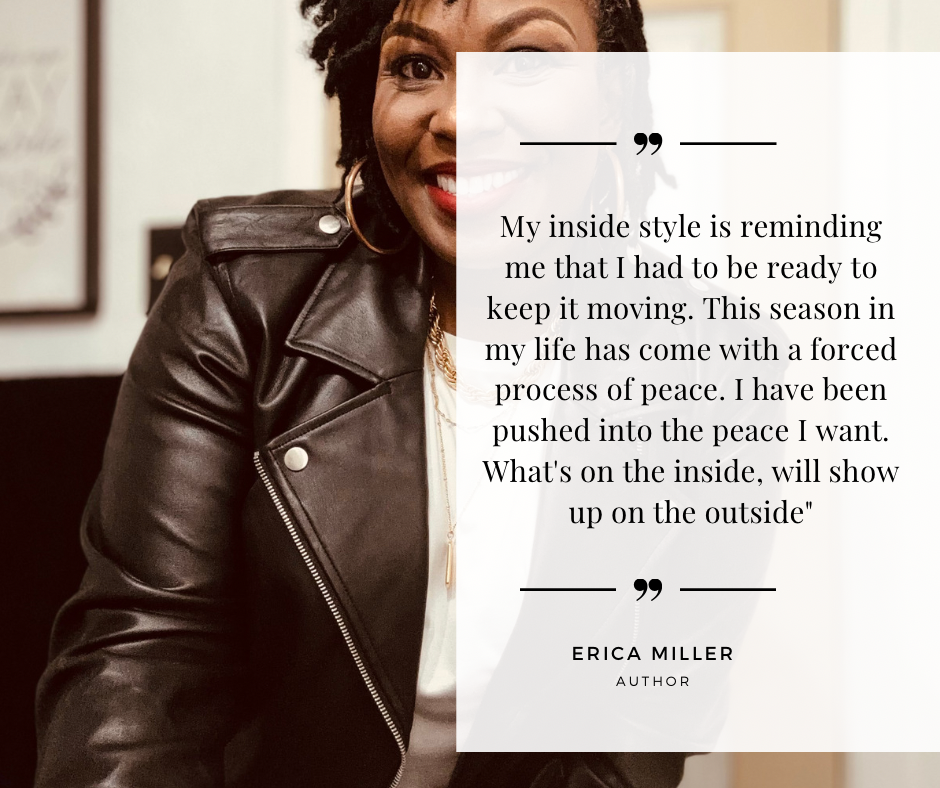 Close-up of a smiling African American woman with short, curly hair, wearing a leather jacket and hoop earrings, with a quote overlay.