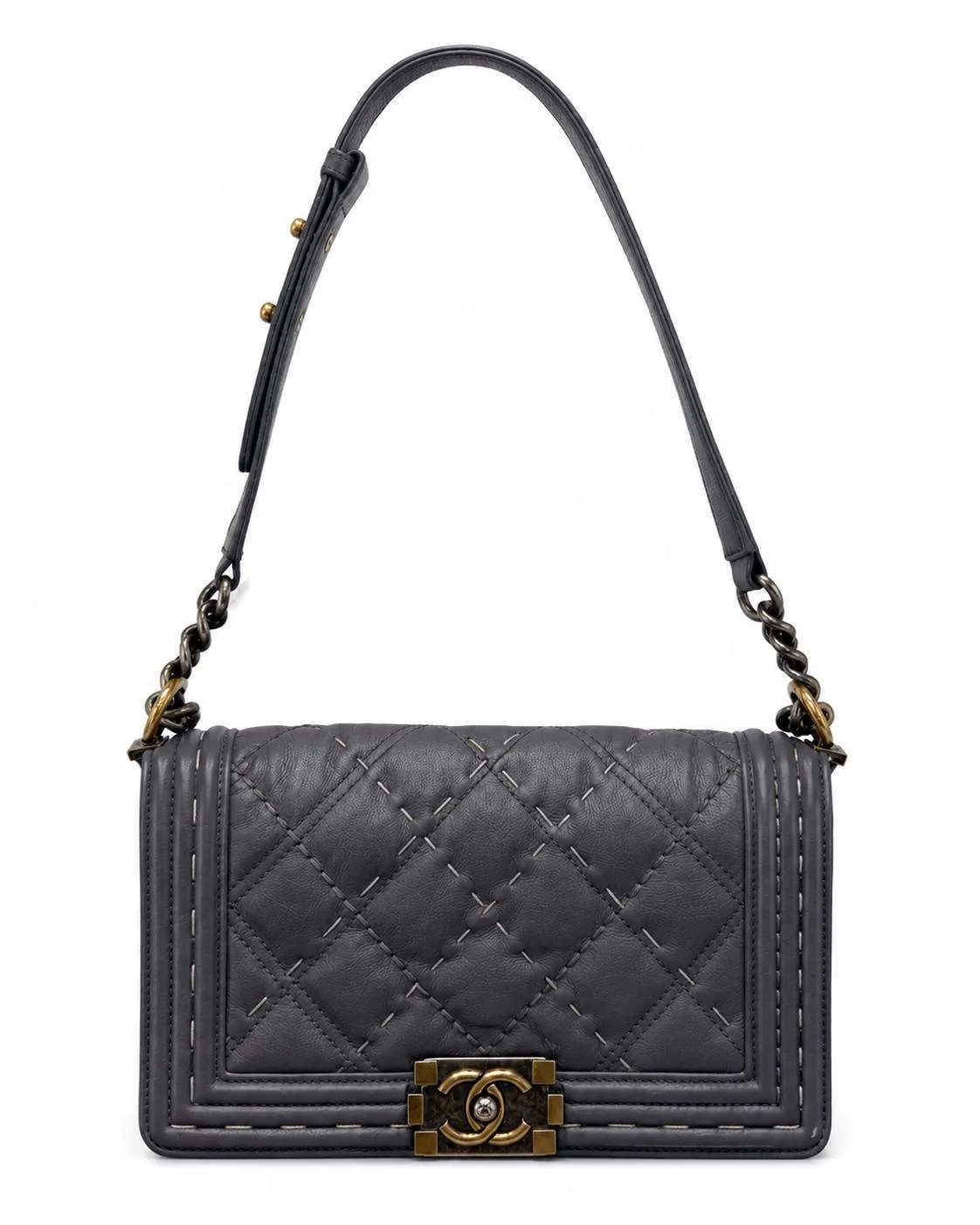 Pre-Owned Chanel Calfskin Double Stitch New Medium Boy Flap Grey 10854592m