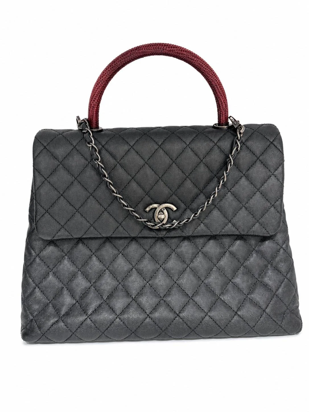 Pre-Owned CHANEL Coco Handle Maxi Black Caviar Leather Burgundy Lizard Handle Silver 32cm 51383264