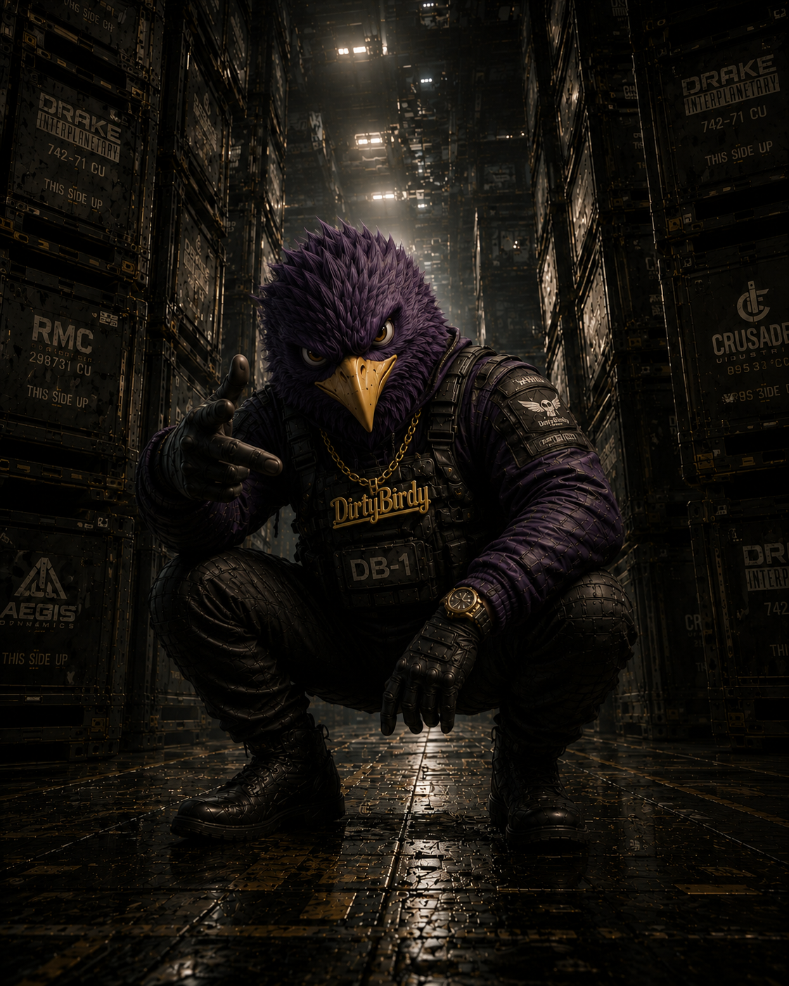 A person dressed as an eagle with a purple head and fierce expression, wearing black tactical gear, kneeling in a warehouse filled with shipping containers, pointing forward, adorned with gold chains and a watch.