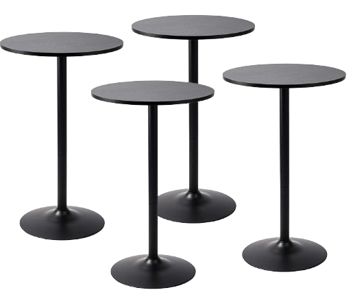 Four round black tables with metal bases.