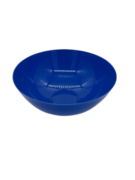 Blue plastic bowl on a white surface.