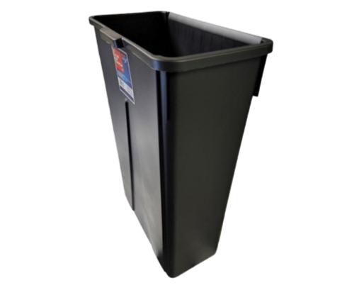 A black plastic trash can with an open top and a blue and red label attached to the side.
