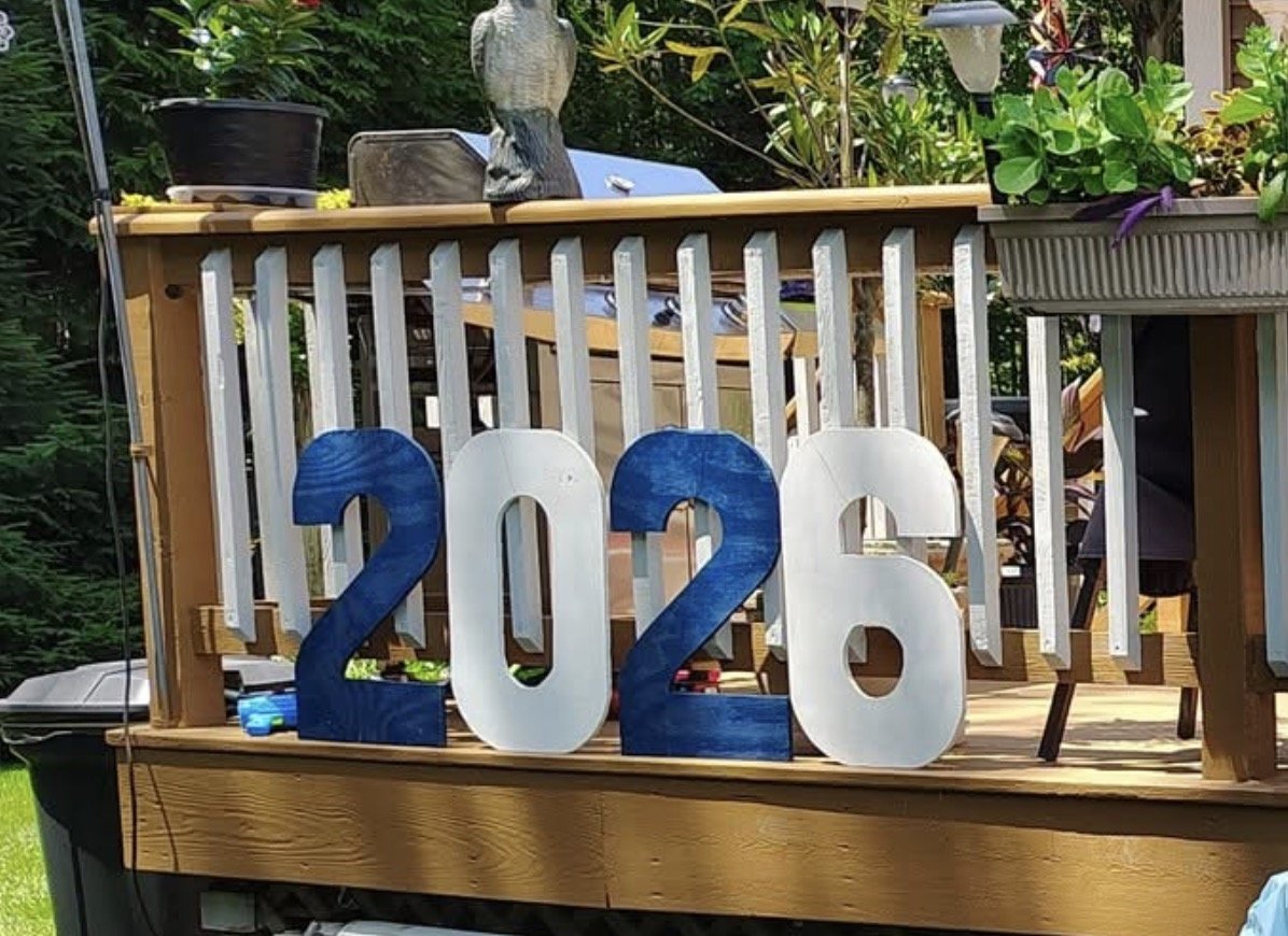Decorative outdoor scene with large blue and white numbers '2025' on a wooden deck, surrounded by plants, garden furniture, and a black dog statue.