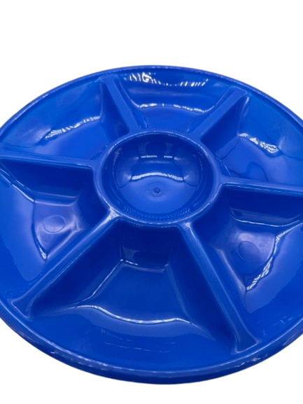 A blue plastic divided serving tray with six compartments.