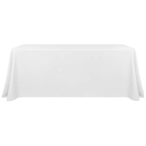Empty white table covered with a white tablecloth against a black background.