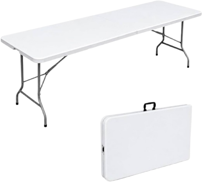 Foldable white table with metal legs and a carrying case.