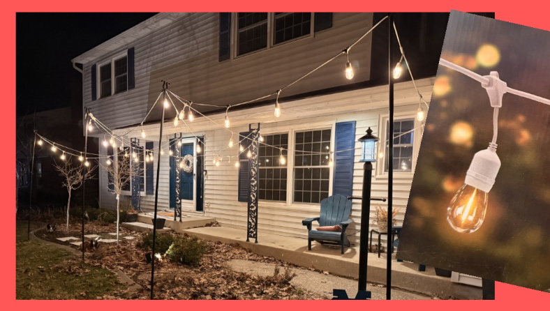 String of outdoor string lights hanging in a backyard at night with a house in the background.