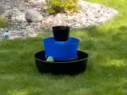 A blue watering can sitting inside a black tire on a grassy lawn.