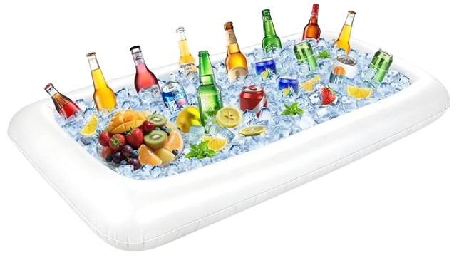 A white inflatable pool filled with ice, various bottles of beer and soda, and fresh fruit such as strawberries, kiwis, and lemon slices.