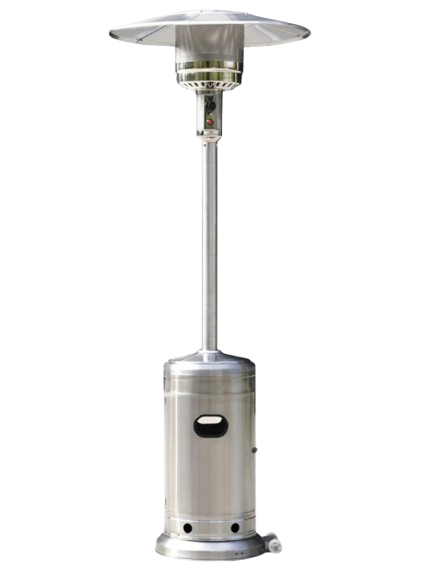 Outdoor patio heater with a tall, stainless steel body and a large round heat lamp at the top.