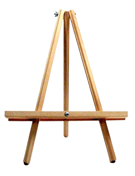 Wooden easel with adjustable legs and a horizontal support bar.