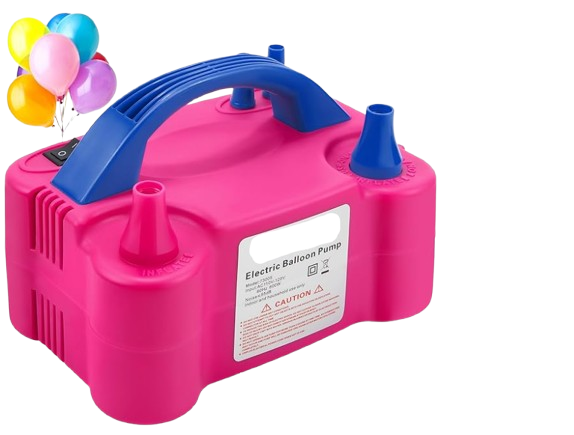 Pink electric balloon pump with blue handle and two blue nozzles, with colorful balloons in the background.