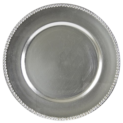 Round metal tray with decorative beaded edge.