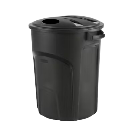 A black plastic trash can with a lid.