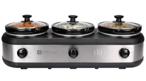 A tray with three small fondue pots filled with different sauces, each with a black handle and knob, on a metallic base with control knobs.
