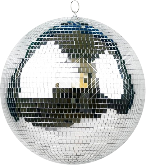 Disco ball with mirrored tiles reflecting light, isolated on a black background.