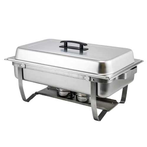 Stainless steel food warming chafing dish with a lid and fuel canisters underneath.