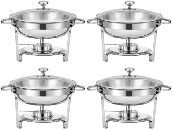 Four stainless steel chafing dishes with lids and fuel cans underneath, arranged in a grid.