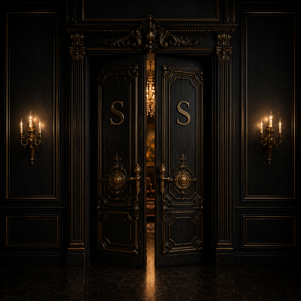 Black ornate double doors with gold accents, marked with the letter 'S', flanked by wall sconces with lit candles, leading into a luxurious, dimly lit room.