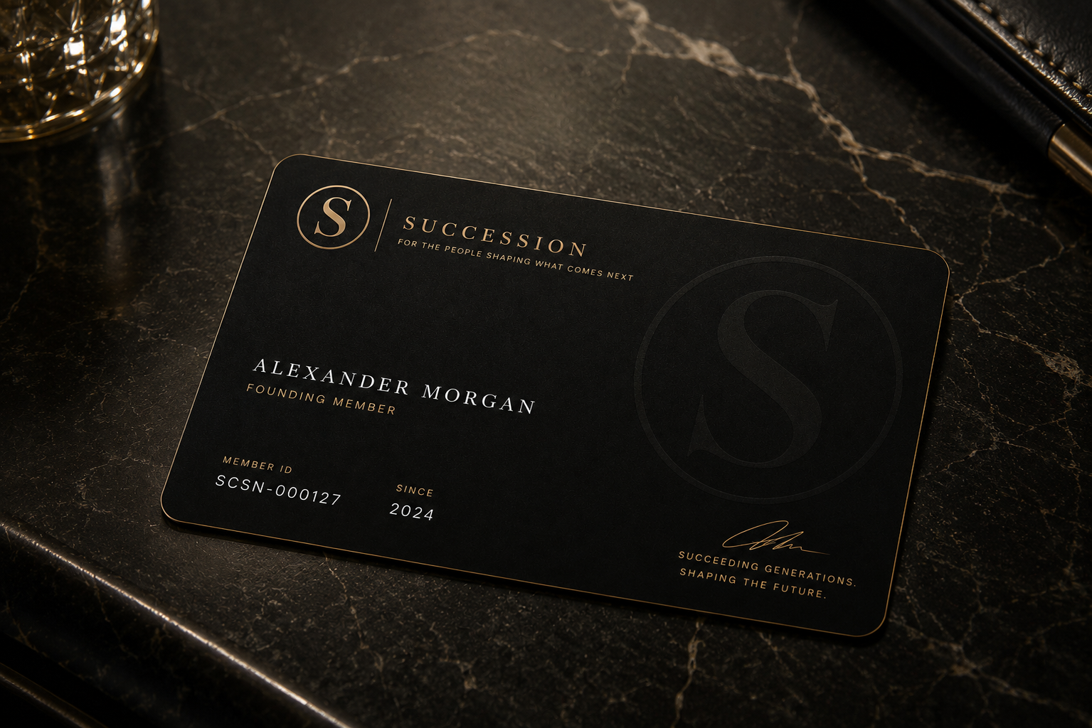 Black membership card with gold lettering for 'Succession,' displaying a name, member ID, and signature, placed on a dark marble surface.