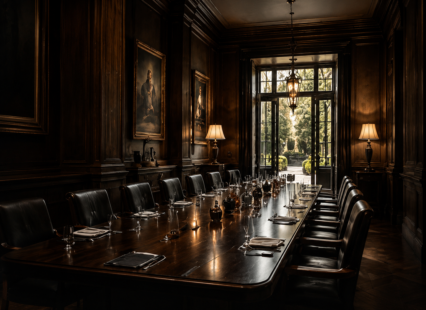 Elegant dining room with a long wooden table set with glassware and napkins, surrounded by black leather chairs, with dark wooden paneled walls, framed portraits, two lamps, and a large window with open doors leading outside, allowing natural light to fill the room.