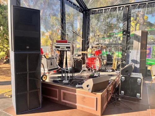 Backstage audio racks at an outdoor event