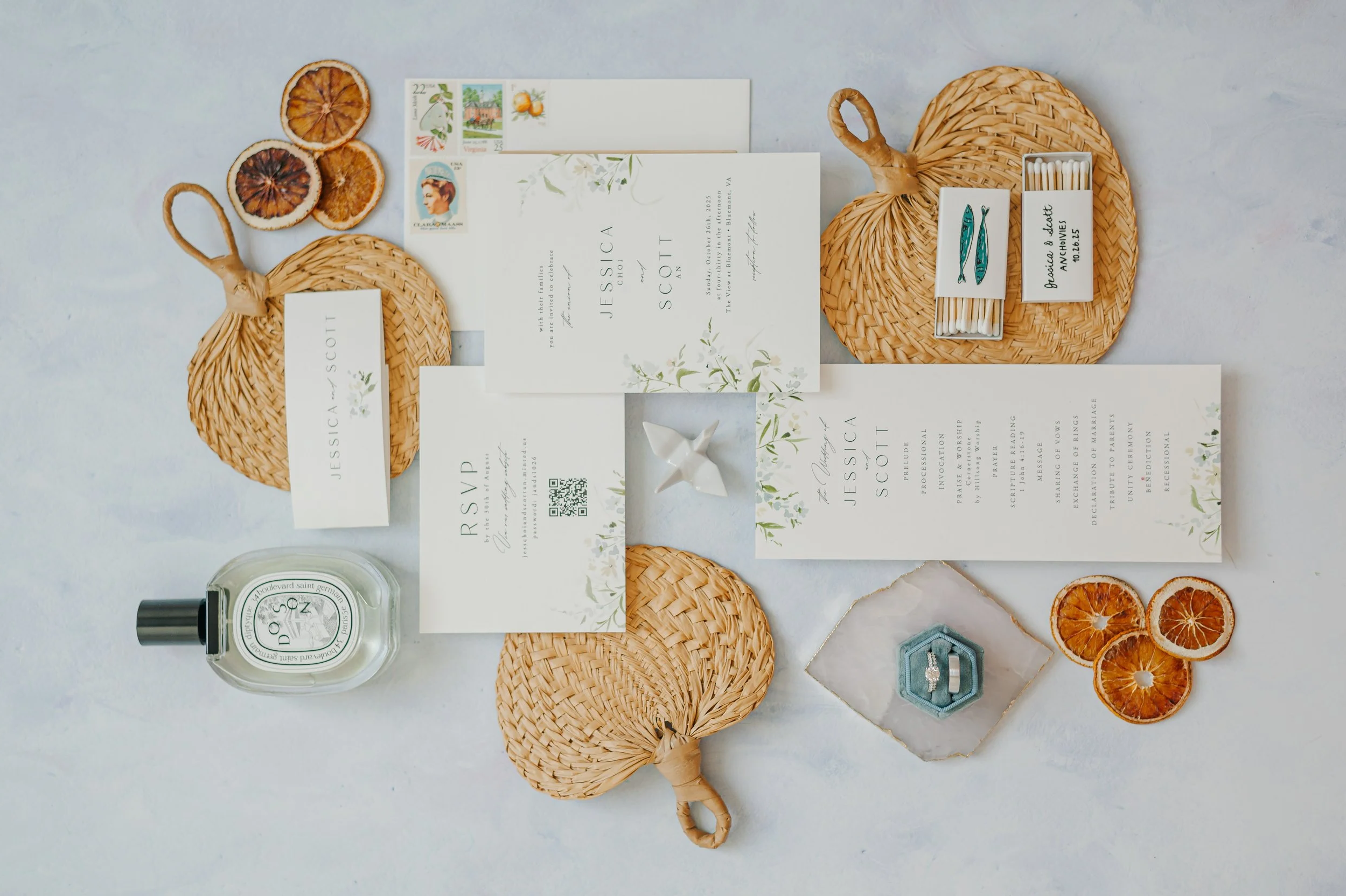 Wedding invitation suite with curated vintage postage stamps