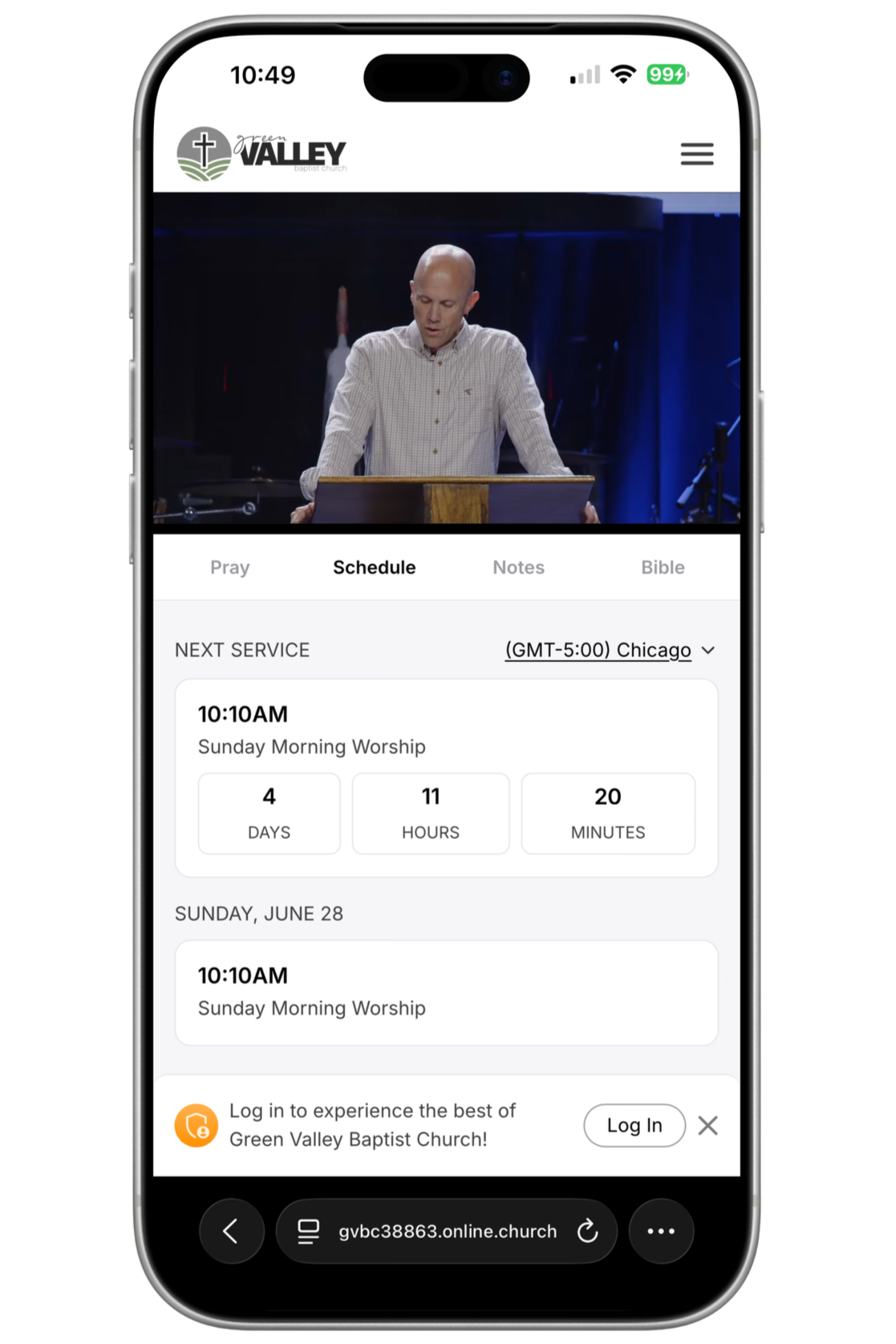Smartphone screen displaying the Green Valley Baptist Church online service schedule and a video of a man speaking at a podium.