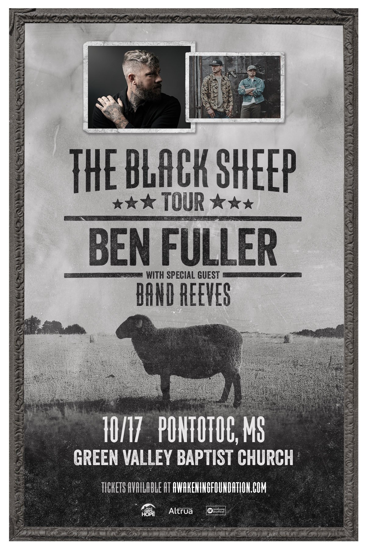 Black and white poster advertising 'The Black Sheep Tour' featuring Ben Fuller with special guest Band Reeves, scheduled for October 17 in Pontotoc, Mississippi, at Green Valley Baptist Church. The poster includes two photos of a man with tattoos and two men standing in front of a rustic wall, and a sheep grazing in a field.