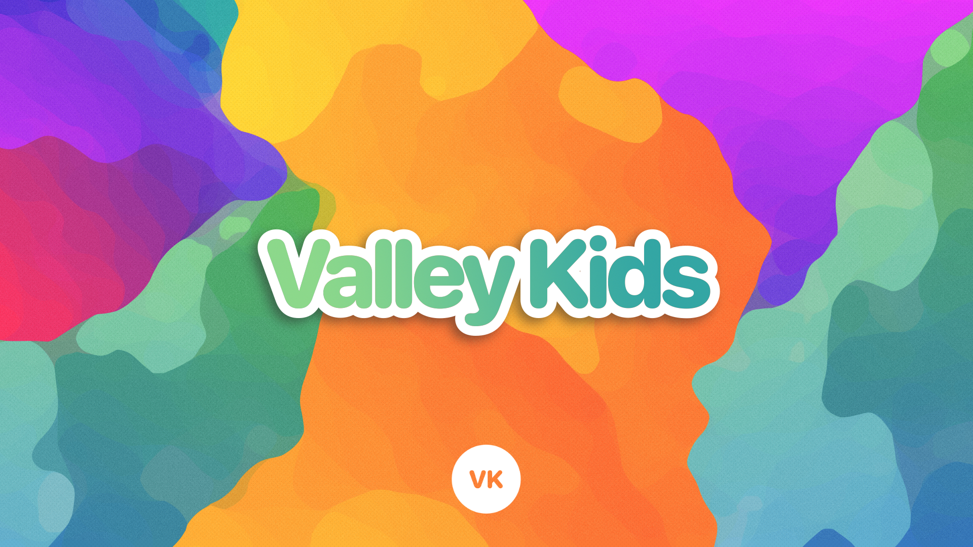 Colorful abstract background with the text 'Valley Kids' in bold, white, and green outlined letters. A small circle at the bottom with the initials 'VK' in orange.