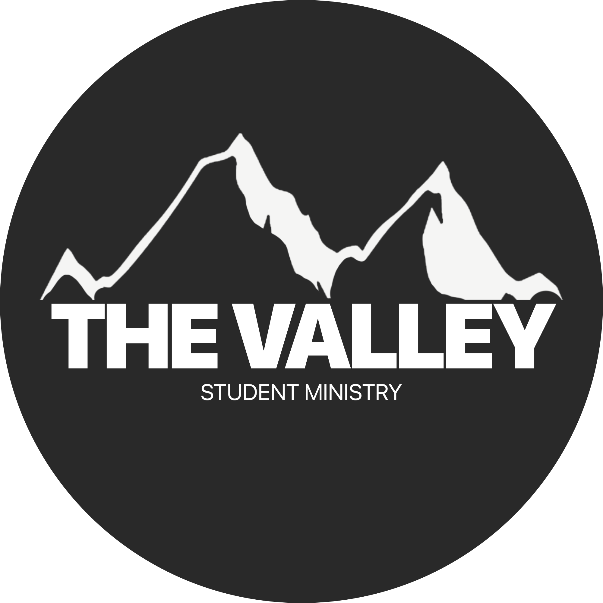 Black circular logo featuring a mountain range above the words 'The Valley Student Ministry' in white text.