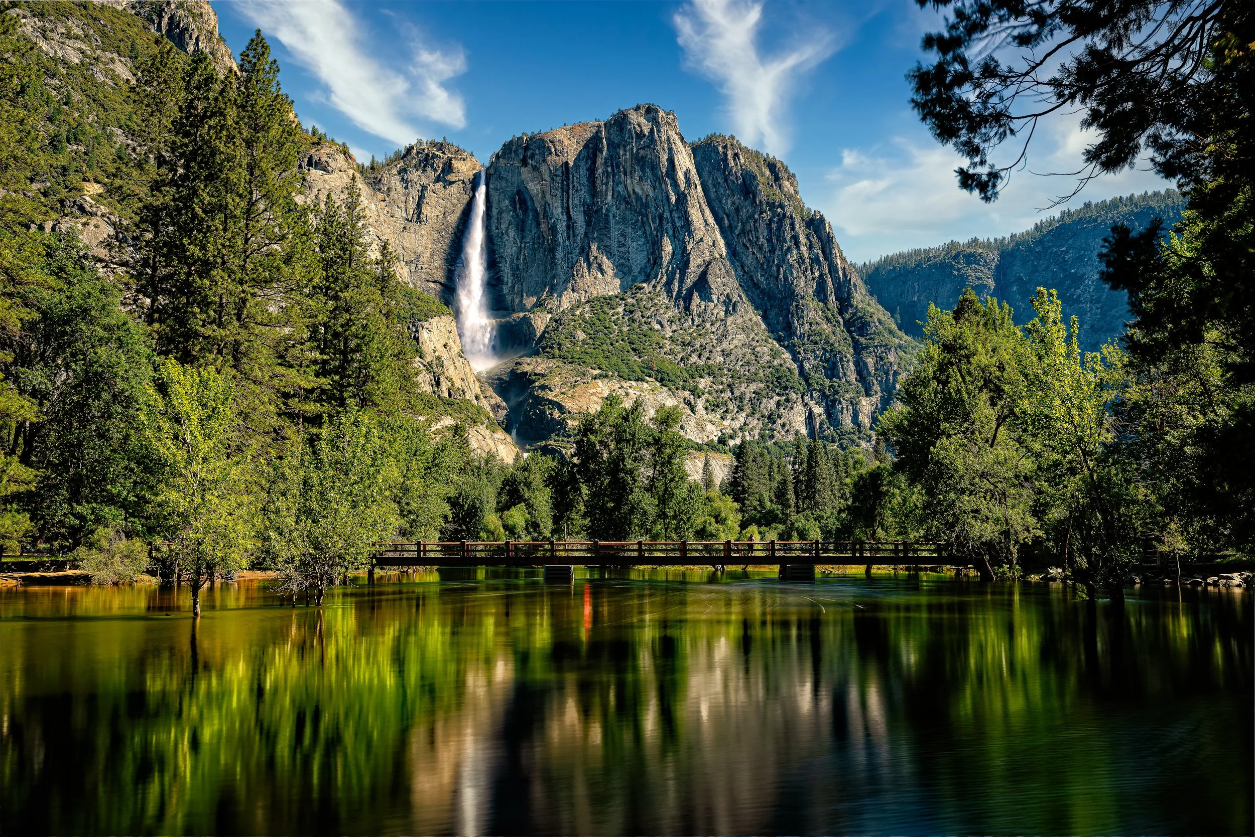 Bridge to Yosemite - Yosemite Falls with Swinging Bridge - Yosemite National Park, California
