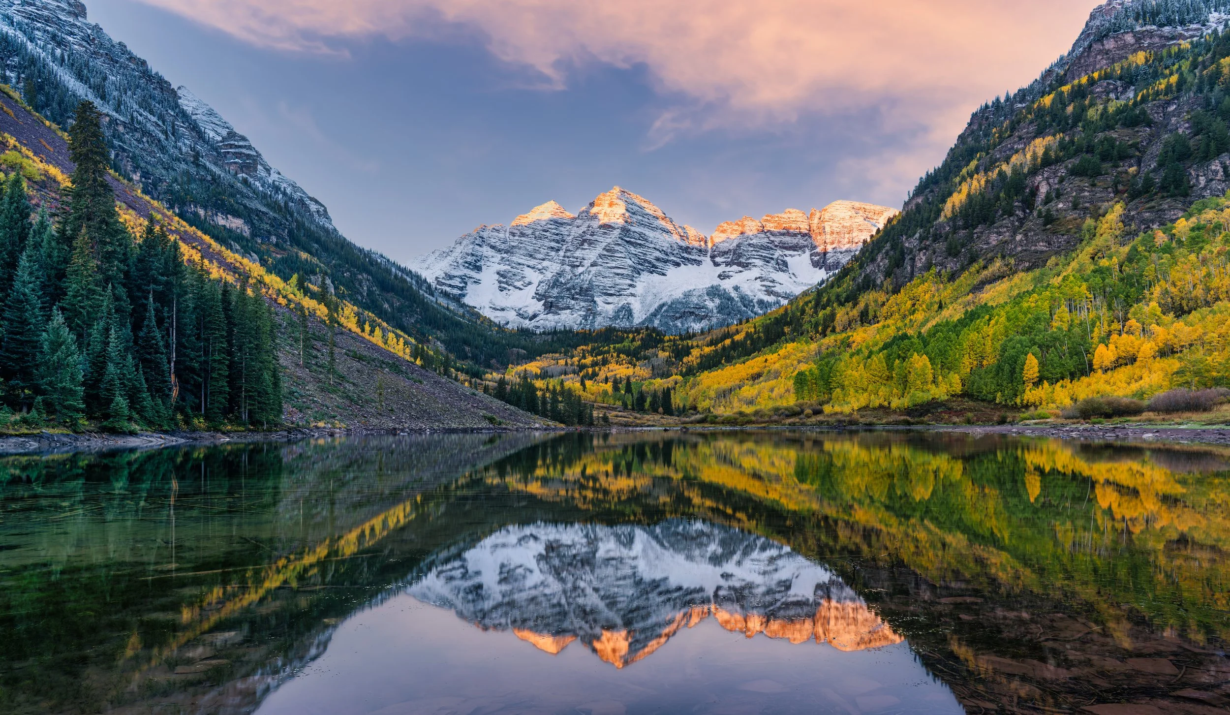 Autumn Symmetry - Maroon Bells Peak Reflection - Aspen, Colorado