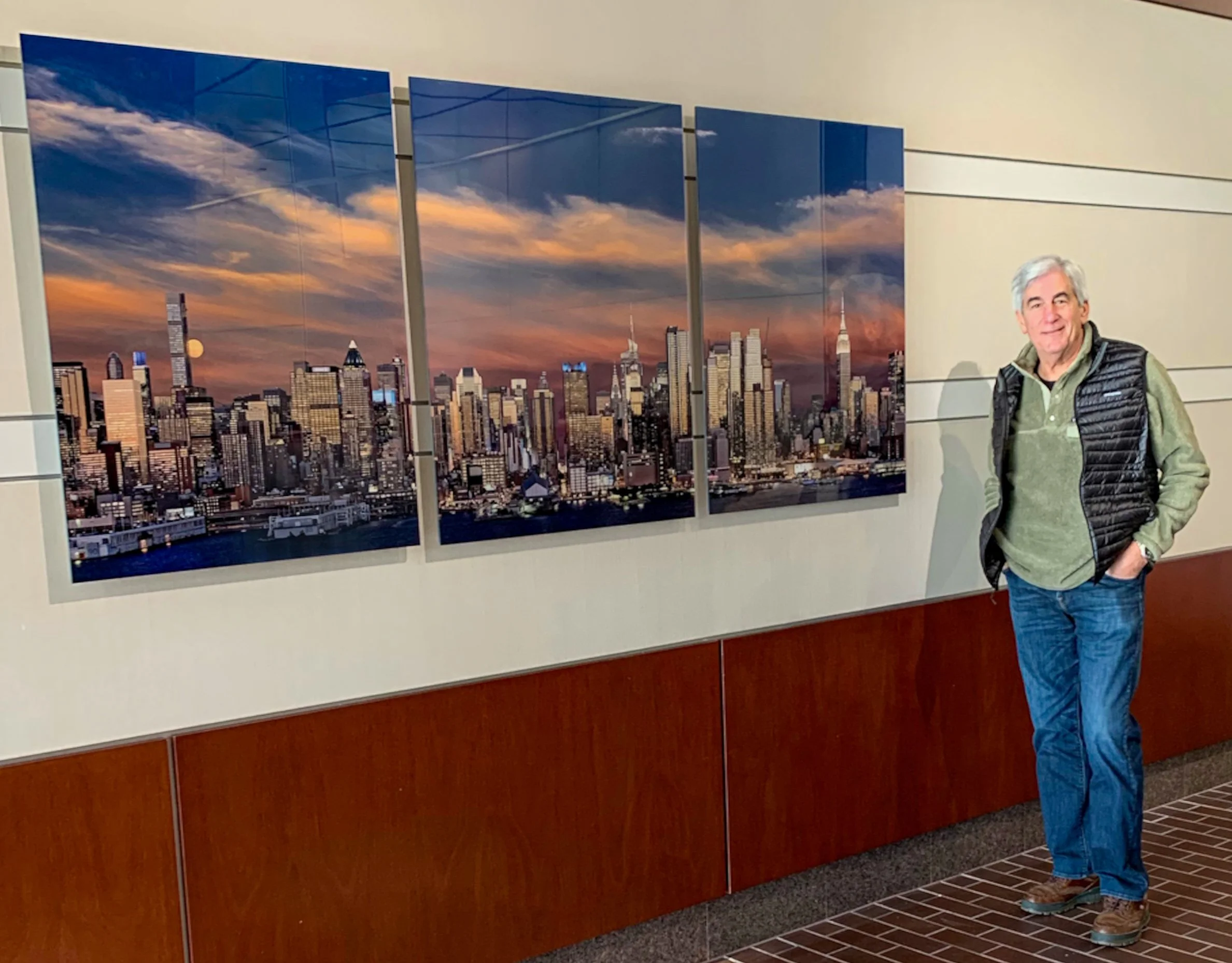 Malcolm Kahn's signature triptych NYC face mounted panorama in a corporate lobby.