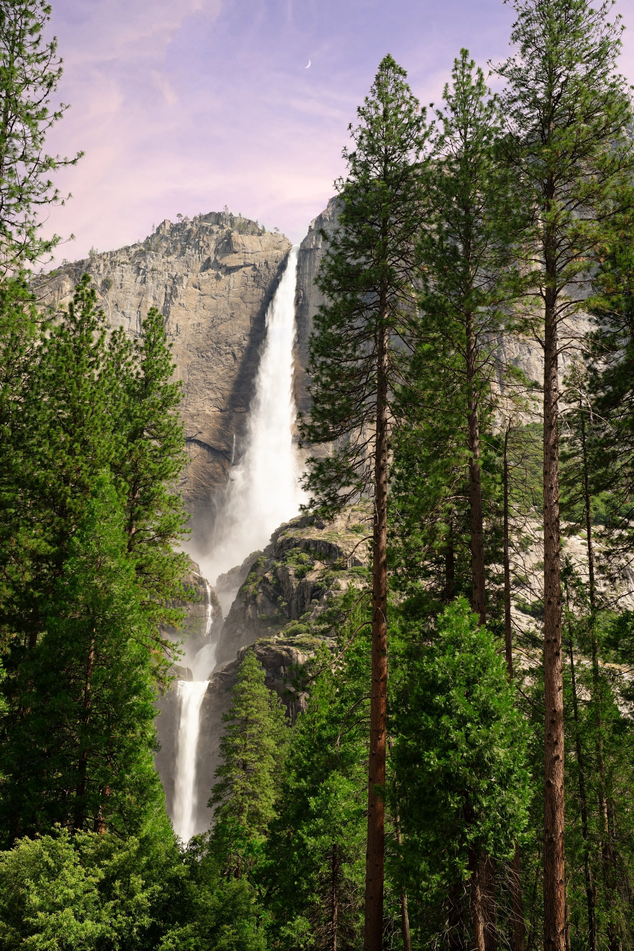 Framed Cascade - Yosemite Falls Framed by Pines - Yosemite National Park, California