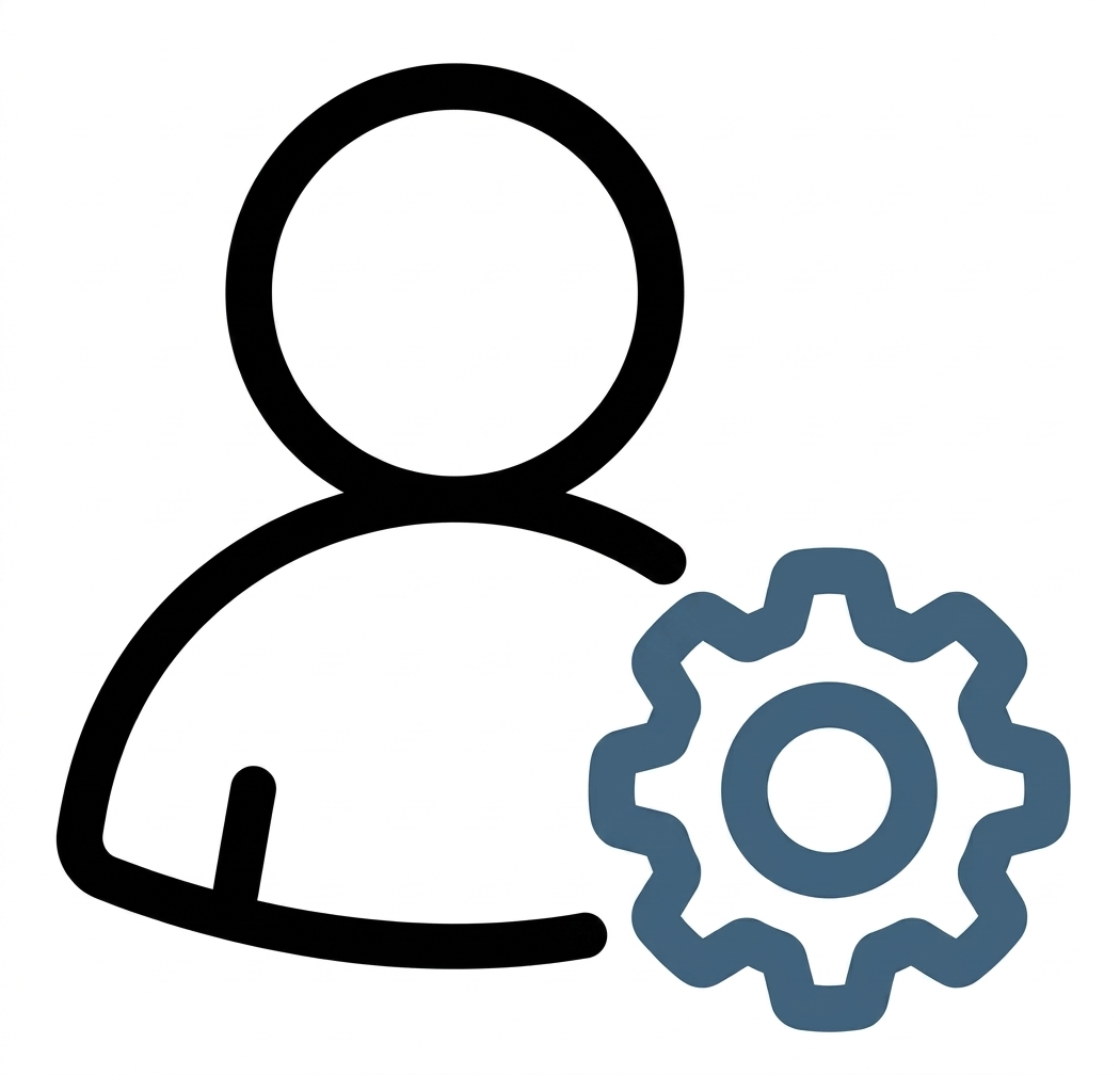 Outline of a person with a gear icon, representing user settings or account management.