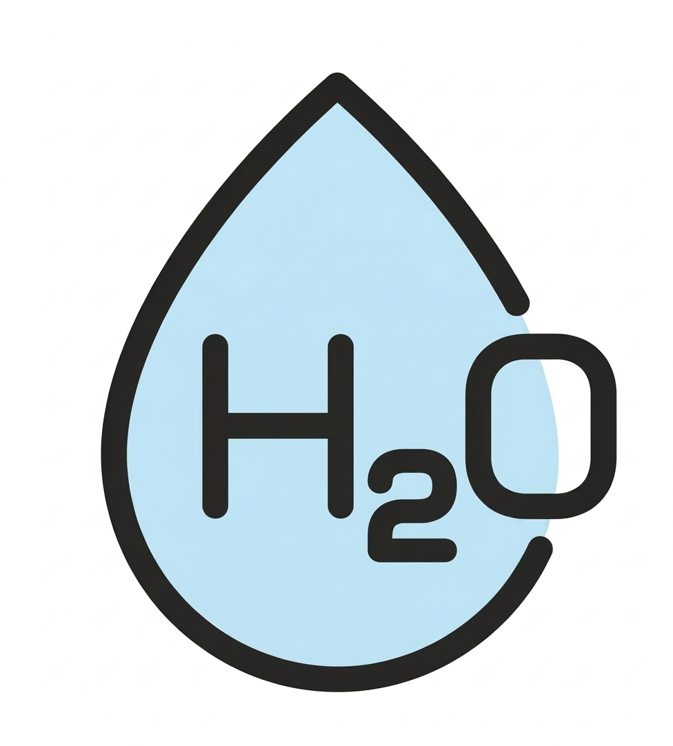 A graphic illustration of a water droplet with the chemical formula H2O, representing water. The droplet has a light blue fill with a black outline, and the formula is written in bold black letters.
