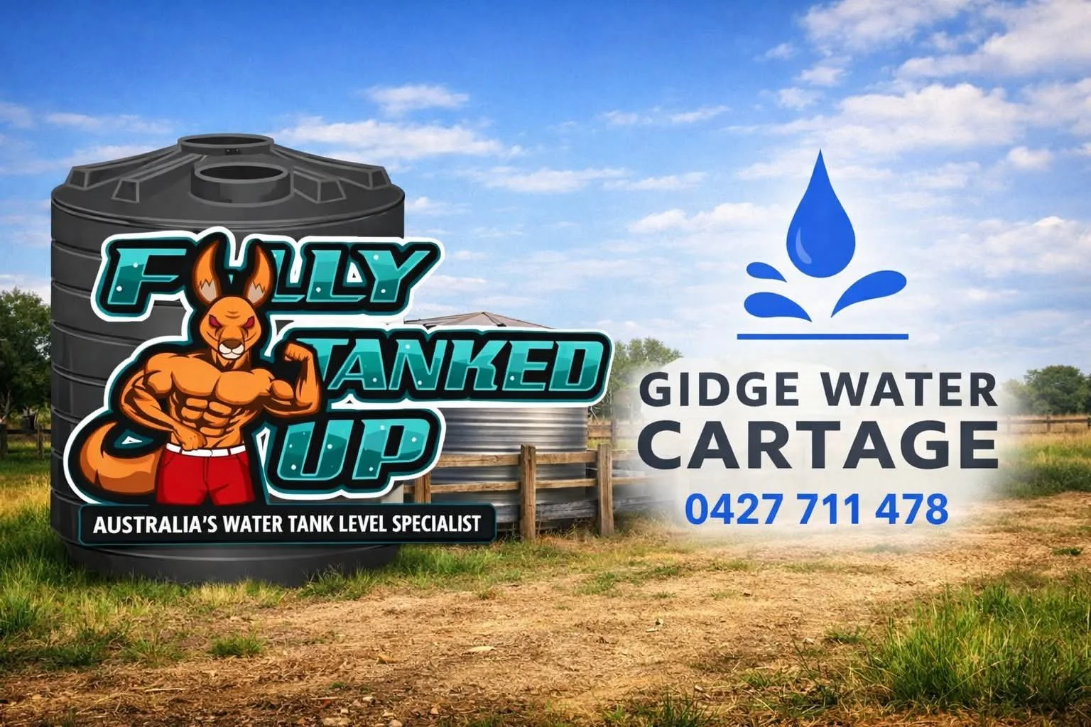 A large water tank in an outdoor rural setting with trees and a fence, featuring a graphic of a muscular kangaroo and the text "Fully Tanked Up Australia’s Water Tank Level Specialist" on the tank, and a blue logo with water droplets and the text "Gidge Water Cartage" along with a phone number.